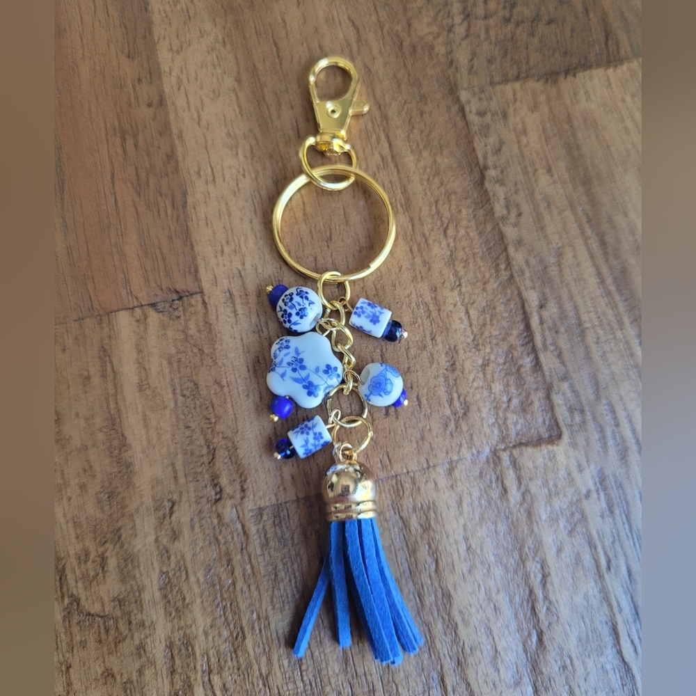 New Blue and Gold Tone Keychain with Tassel